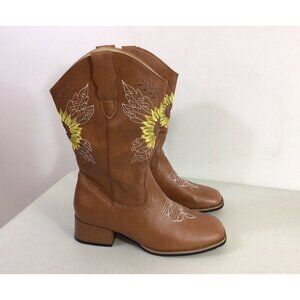 Brown Cowboy Boots Western Sunflower Embroidered Womens 38